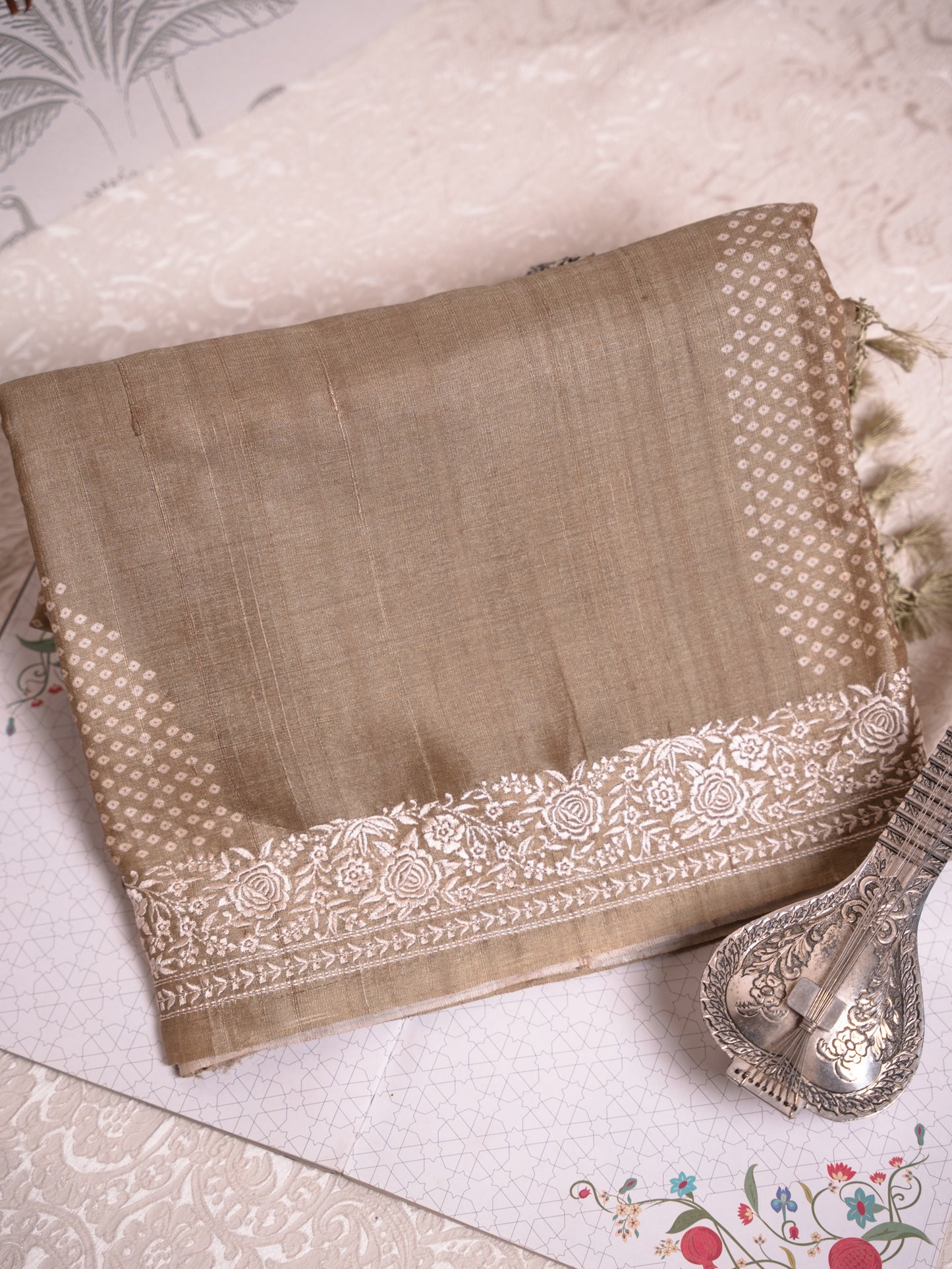 Olive Green Tussar Silk Saree with Bandhani Weave & Gaara Embroidered Borders