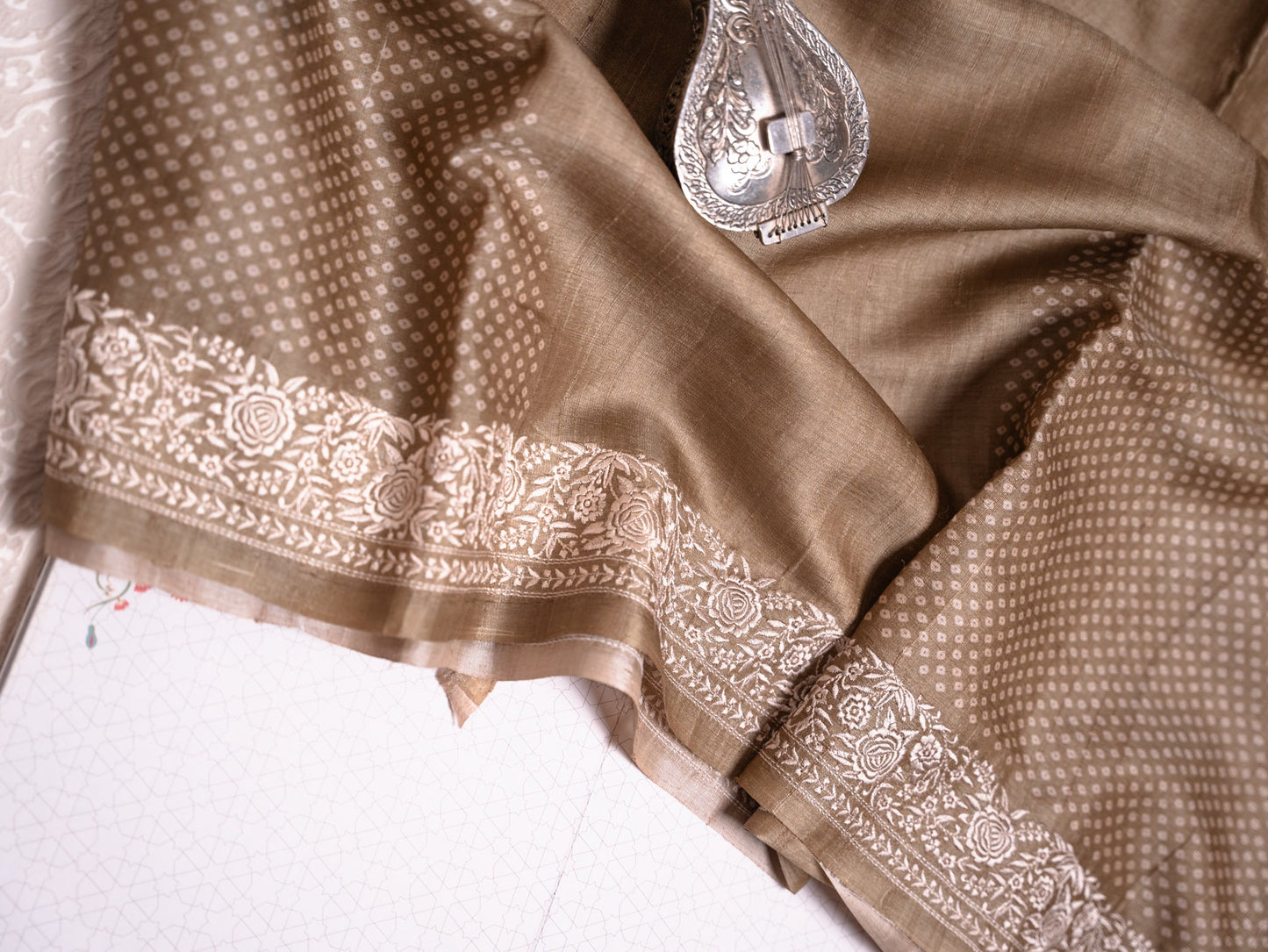 Olive Green Tussar Silk Saree with Bandhani Weave & Gaara Embroidered Borders