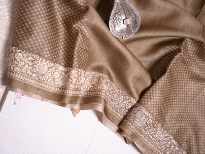 Olive Green Tussar Silk Saree with Bandhani Weave & Gaara Embroidered Borders