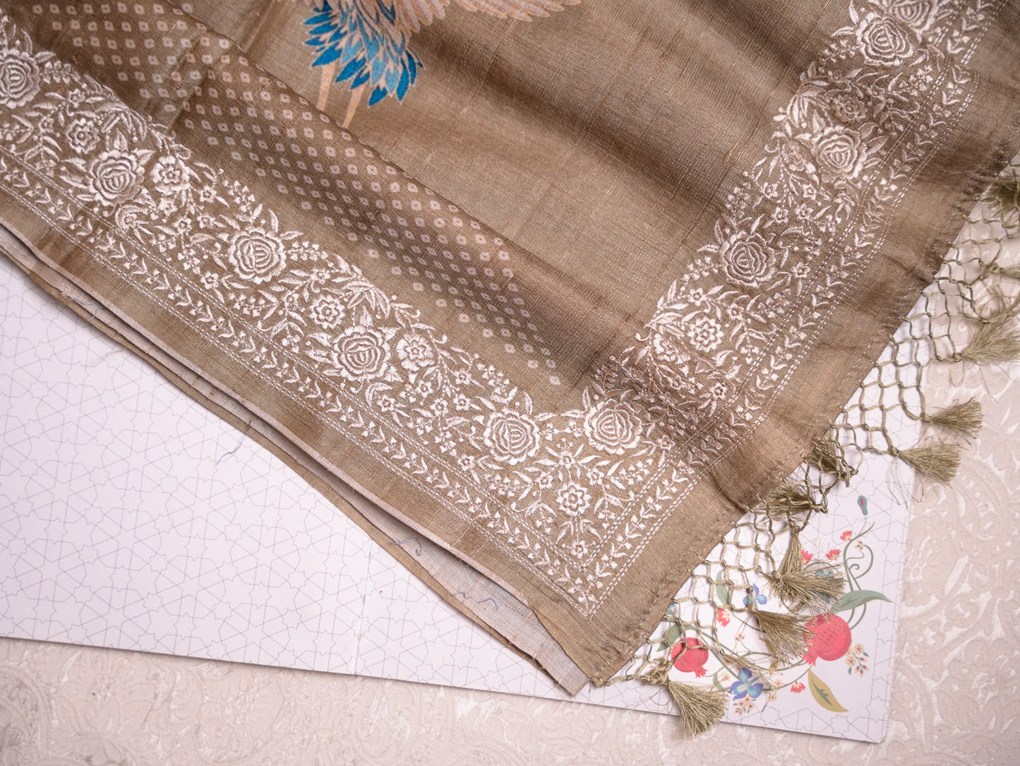 Olive Green Tussar Silk Saree with Bandhani Weave & Gaara Embroidered Borders