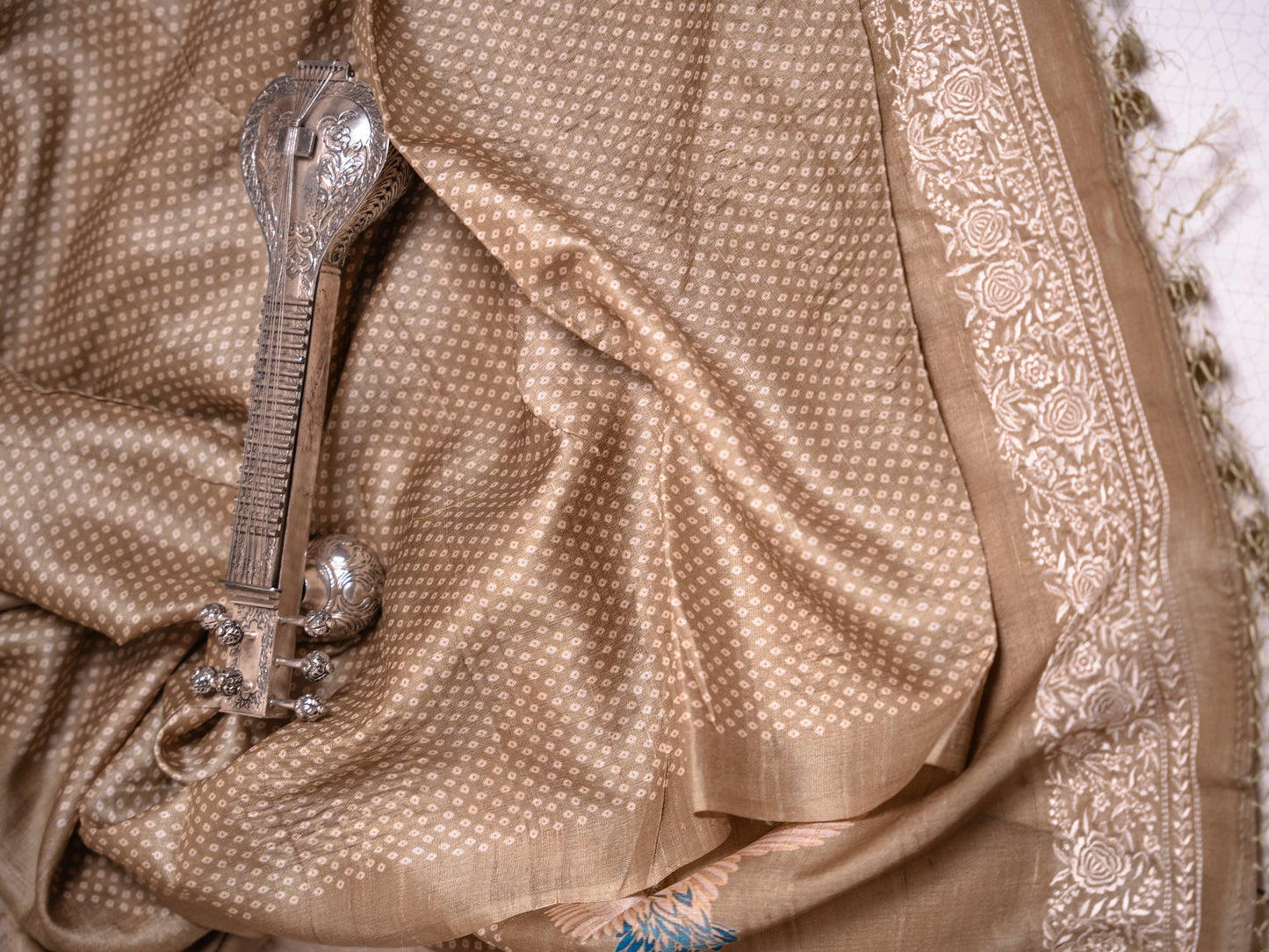 Olive Green Tussar Silk Saree with Bandhani Weave & Gaara Embroidered Borders