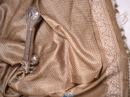 Olive Green Tussar Silk Saree with Bandhani Weave & Gaara Embroidered Borders