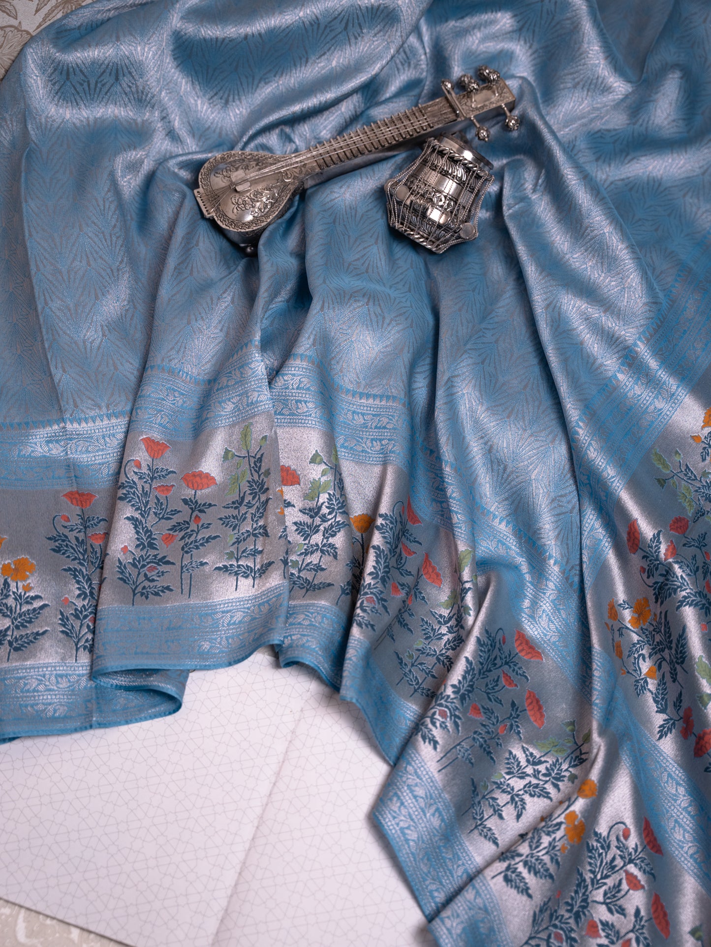 Sky Blue Tissue Georgette Saree with Paithani Border