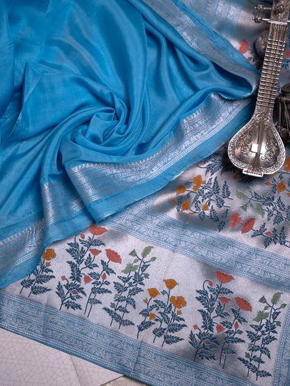 Sky Blue Tissue Georgette Saree with Paithani Border