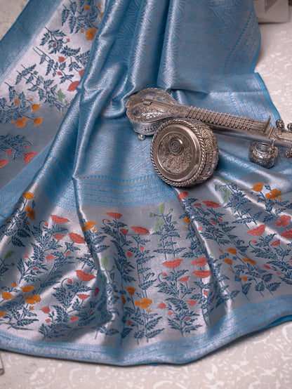 Sky Blue Tissue Georgette Saree with Paithani Border