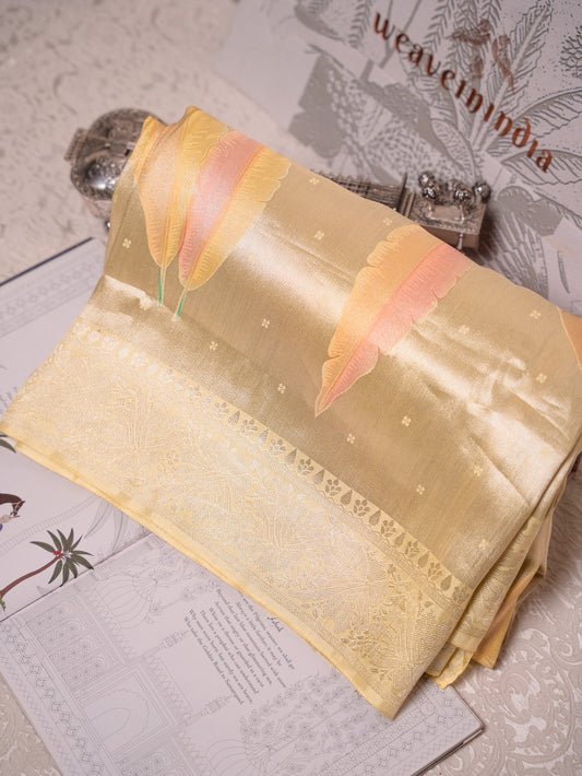 Pastel Yellow Silk Tissue Saree with Hand-Brush Motifs
