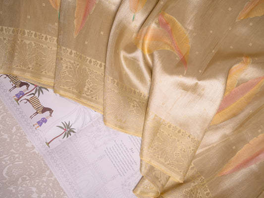 Pastel Yellow Silk Tissue Saree with Hand-Brush Motifs