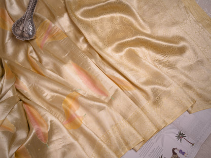 Pastel Yellow Silk Tissue Saree with Hand-Brush Motifs