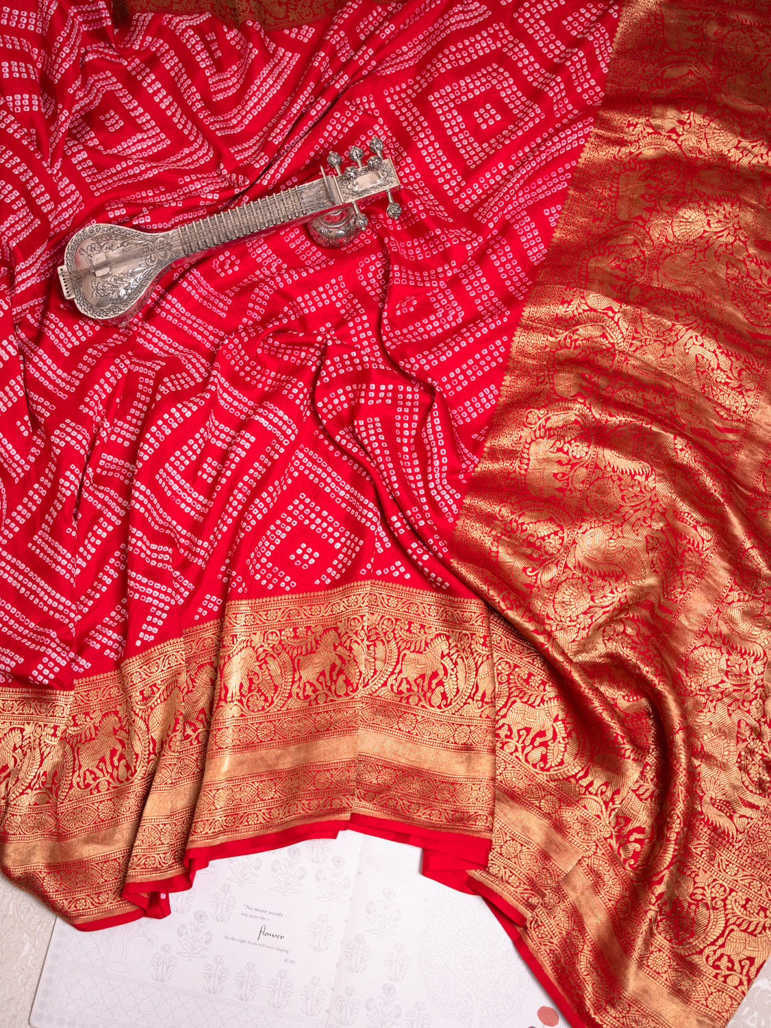 Red Silk Bandhani Saree with Kanjivaram Border