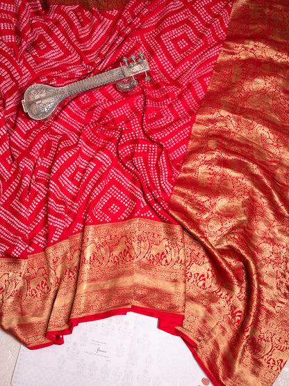 Red Silk Bandhani Saree with Kanjivaram Border