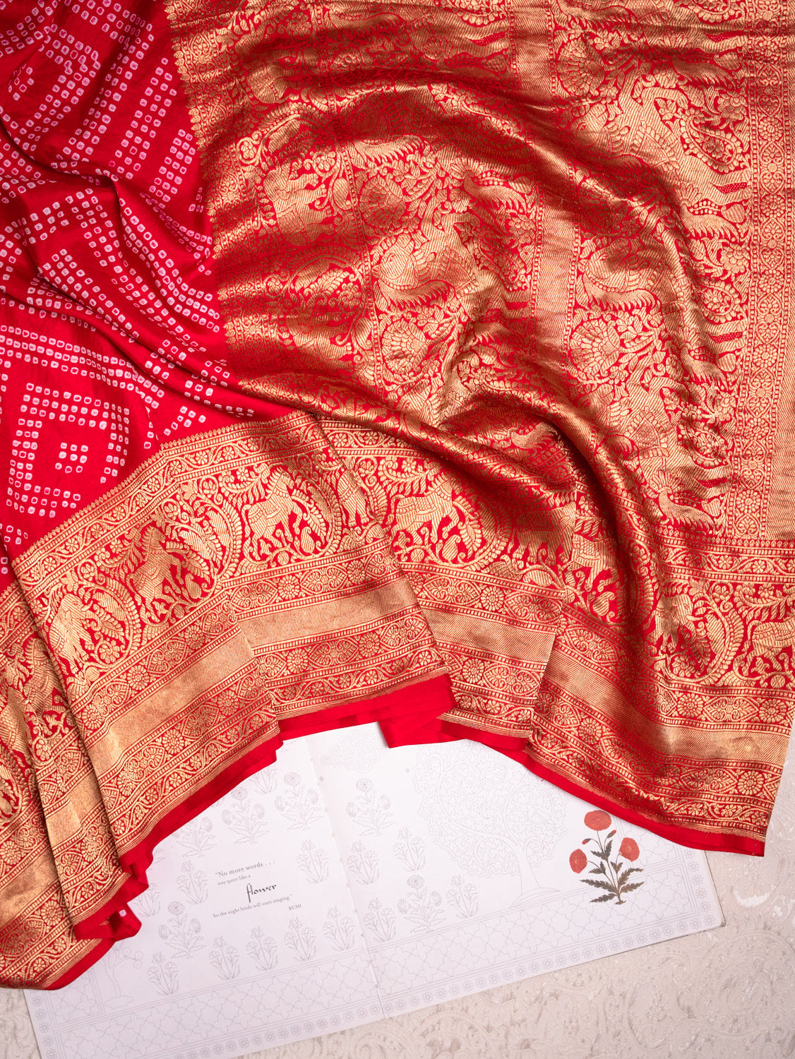 Red Silk Bandhani Saree with Kanjivaram Border