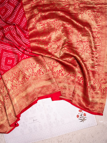 Red Silk Bandhani Saree with Kanjivaram Border