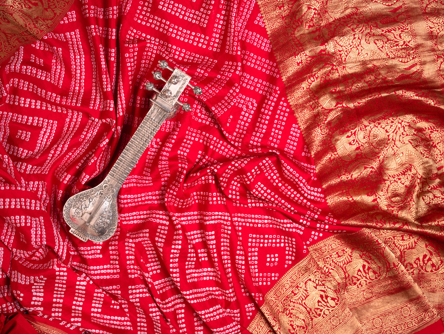 Red Silk Bandhani Saree with Kanjivaram Border