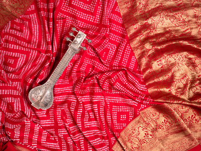 Red Silk Bandhani Saree with Kanjivaram Border