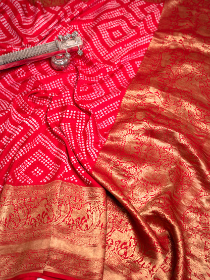 Red Silk Bandhani Saree with Kanjivaram Border