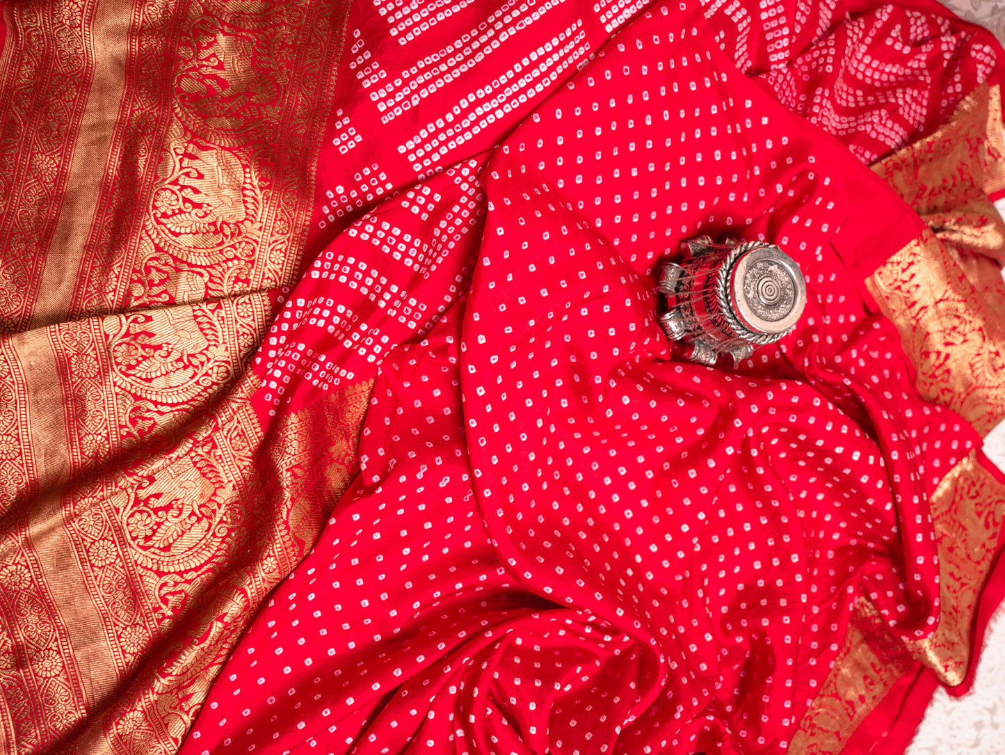 Red Silk Bandhani Saree with Kanjivaram Border
