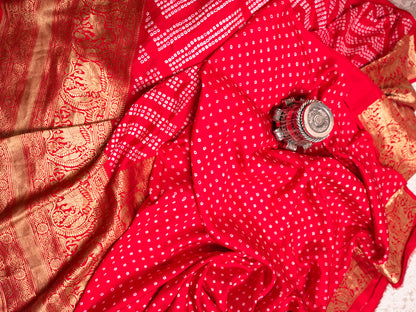 Red Silk Bandhani Saree with Kanjivaram Border