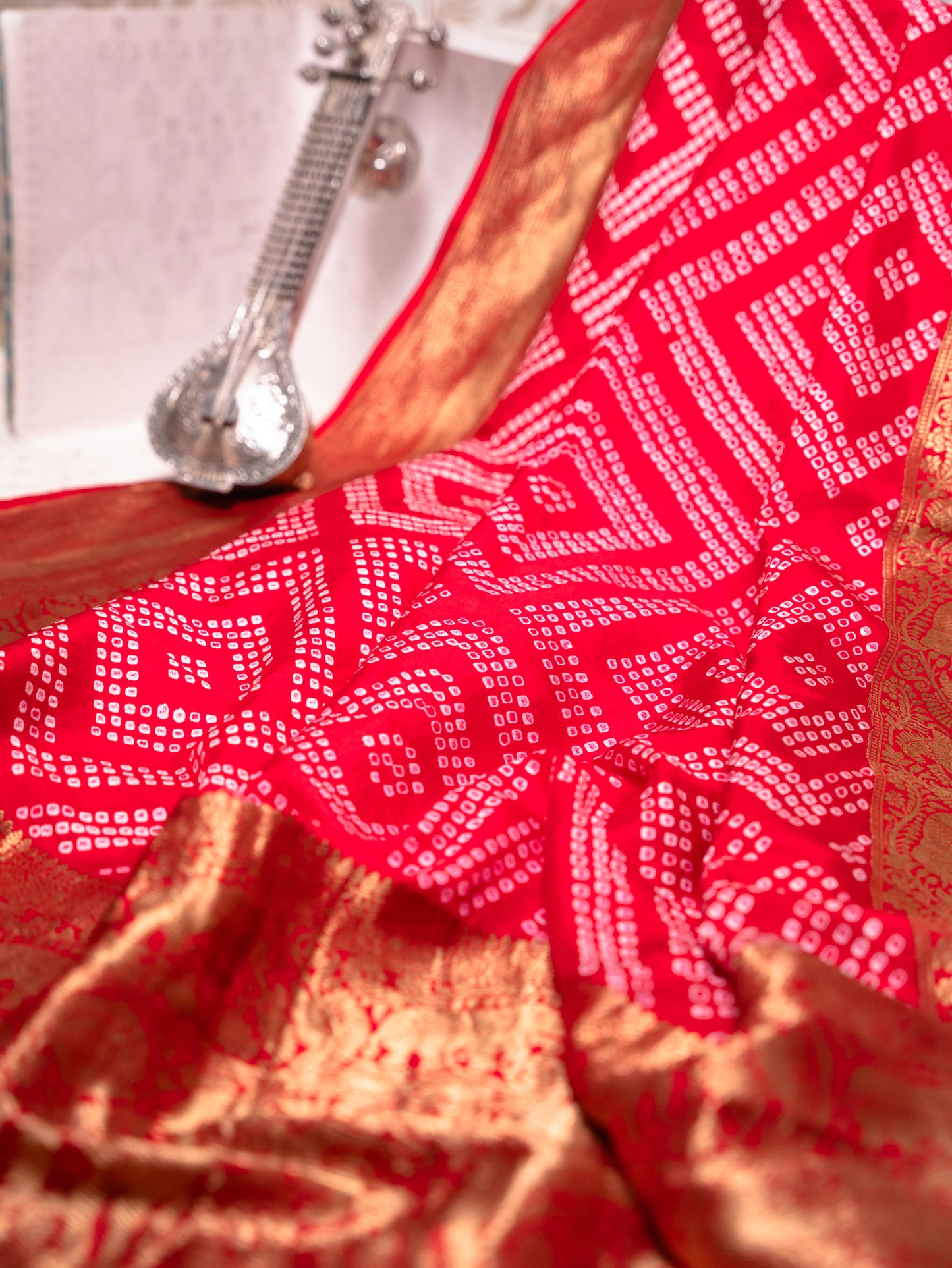 Red Silk Bandhani Saree with Kanjivaram Border