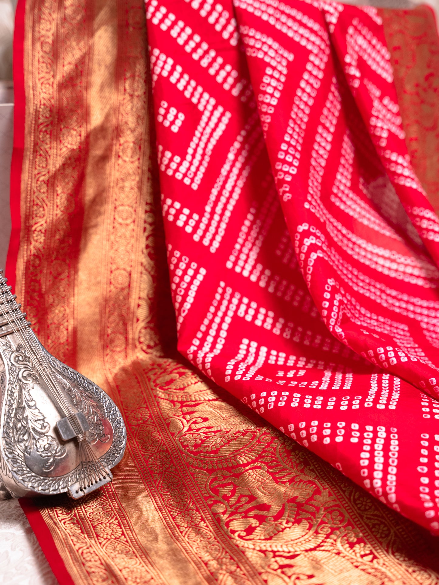 Red Silk Bandhani Saree with Kanjivaram Border