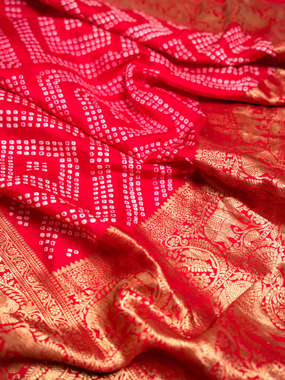 Red Silk Bandhani Saree with Kanjivaram Border