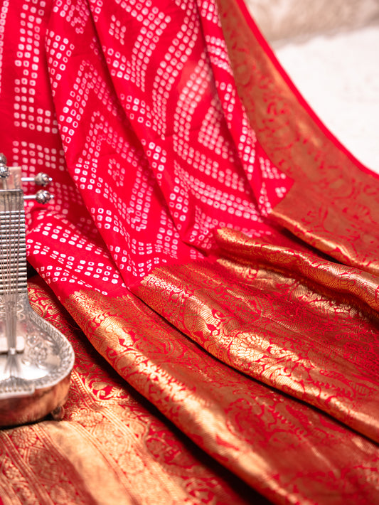 Red Silk Bandhani Saree with Kanjivaram Border