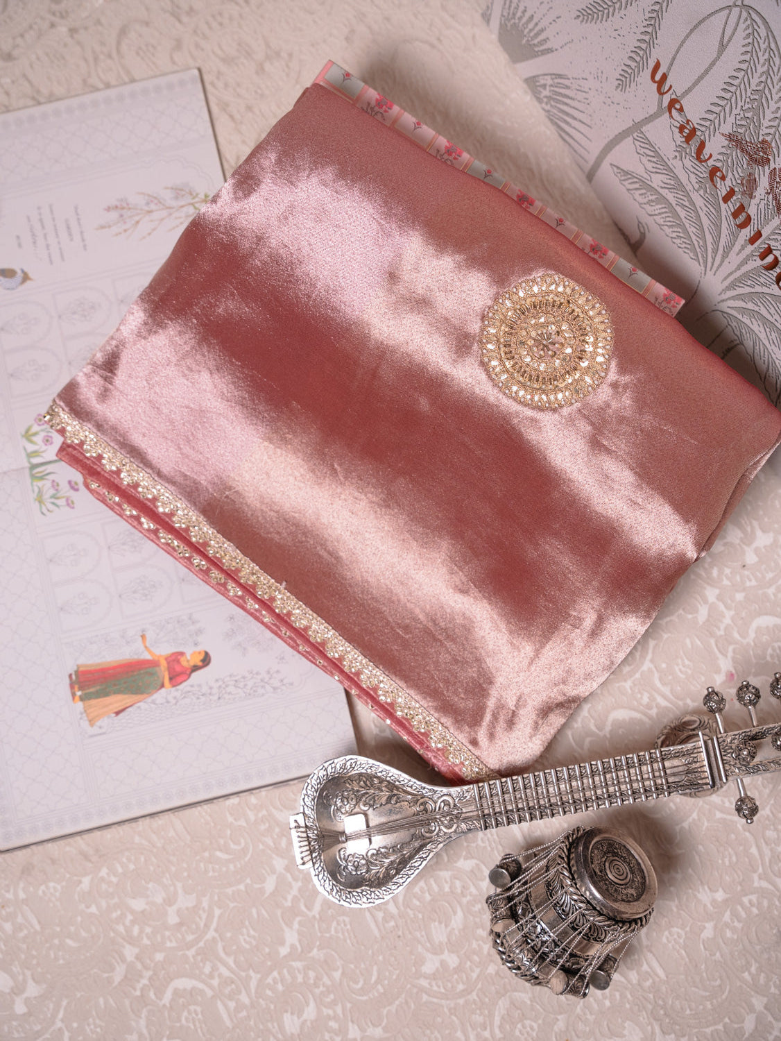 Onion Pink Tissue Saree with Heavy Gota Embroidery & Readymade Blouse