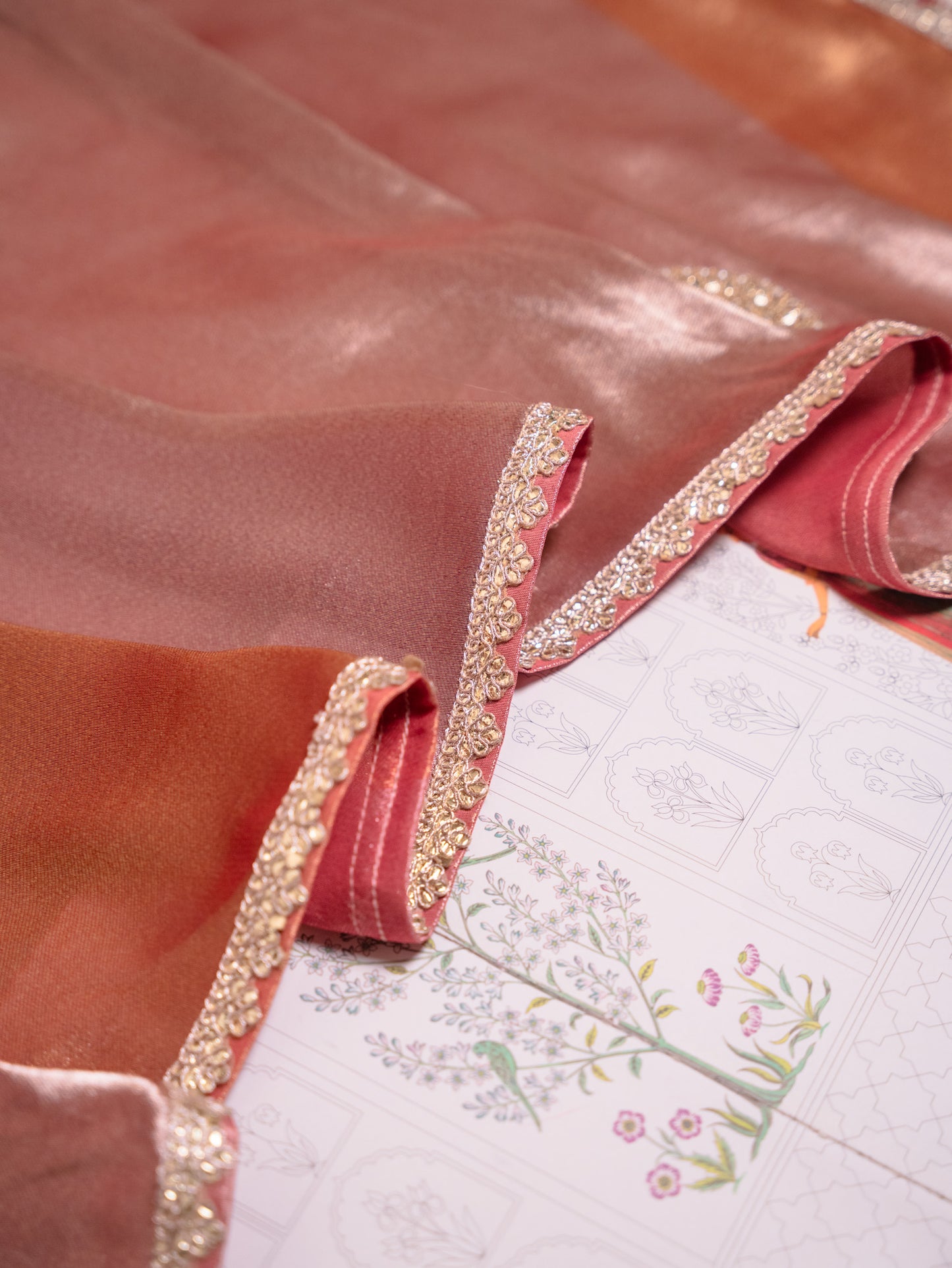 Onion Pink Tissue Saree with Heavy Gota Embroidery & Readymade Blouse