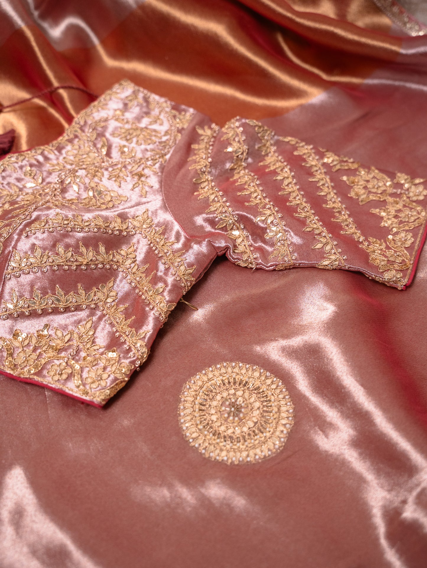 Onion Pink Tissue Saree with Heavy Gota Embroidery & Readymade Blouse