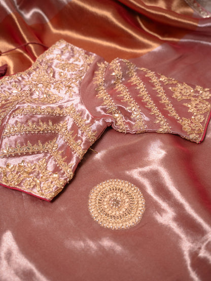 Onion Pink Tissue Saree with Heavy Gota Embroidery & Readymade Blouse
