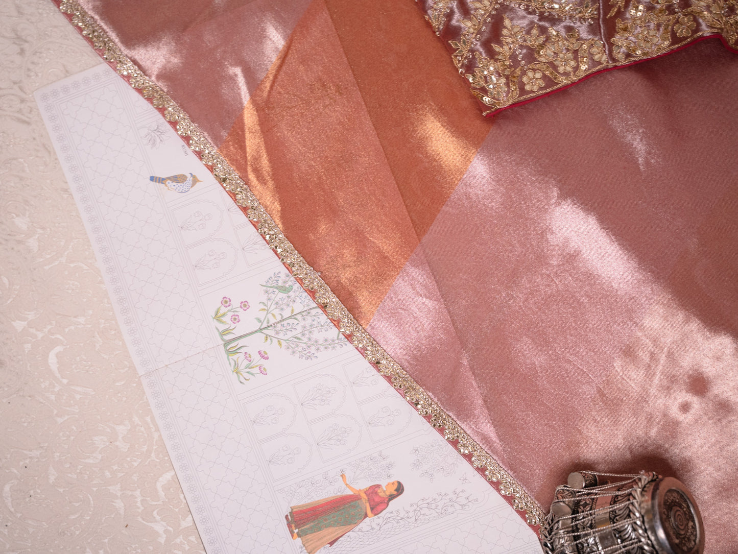 Onion Pink Tissue Saree with Heavy Gota Embroidery & Readymade Blouse