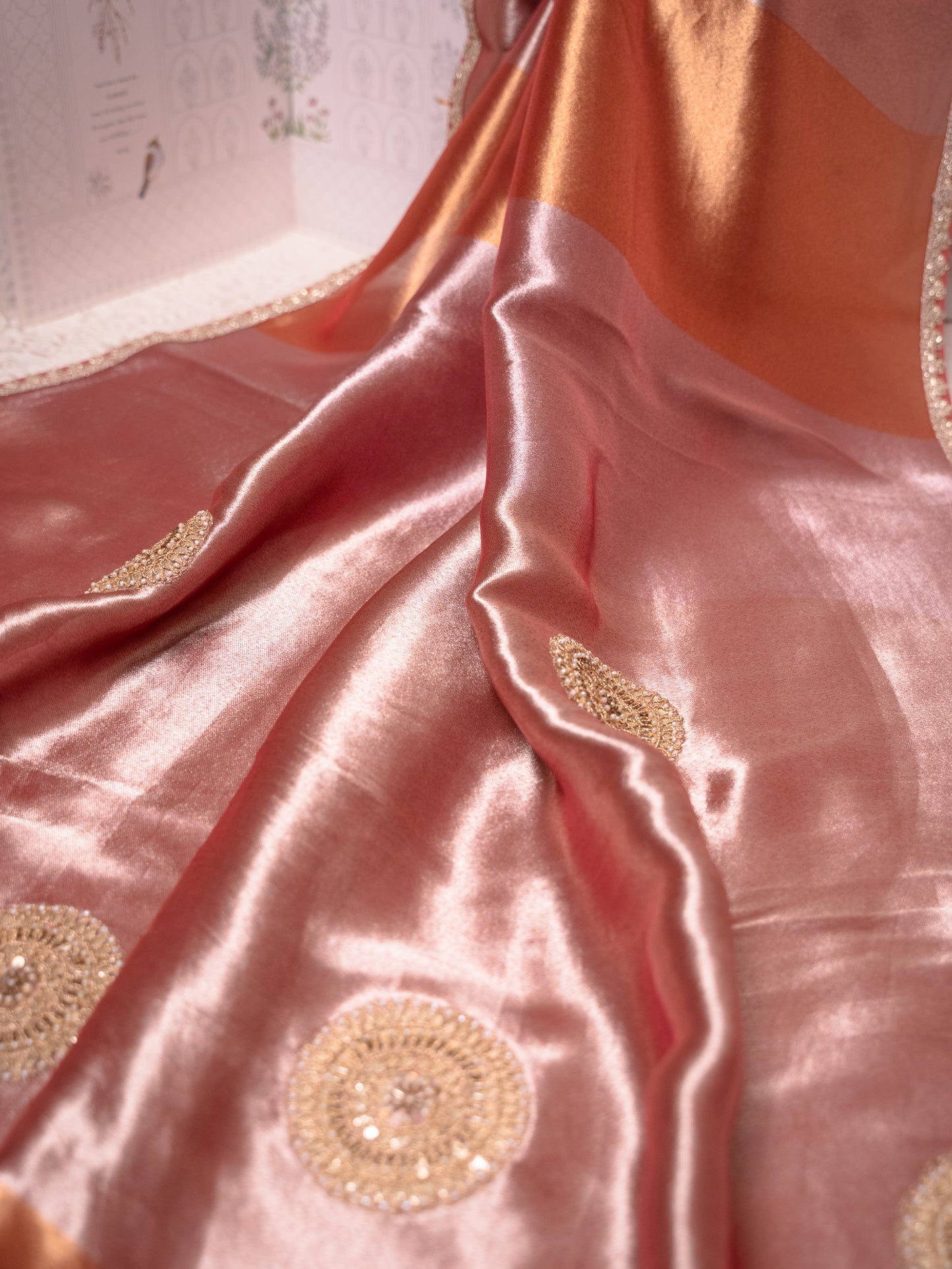 Onion Pink Tissue Saree with Heavy Gota Embroidery & Readymade Blouse