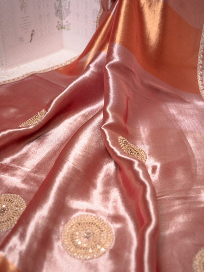 Onion Pink Tissue Saree with Heavy Gota Embroidery & Readymade Blouse