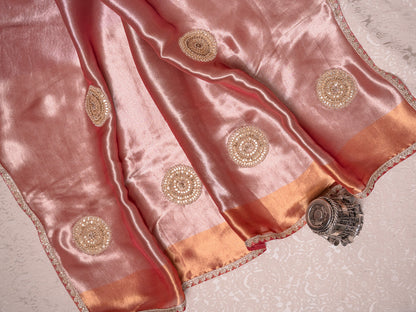 Onion Pink Tissue Saree with Heavy Gota Embroidery & Readymade Blouse