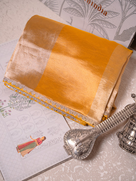 Mustard Silk Tissue saree with heavy gota embroidery