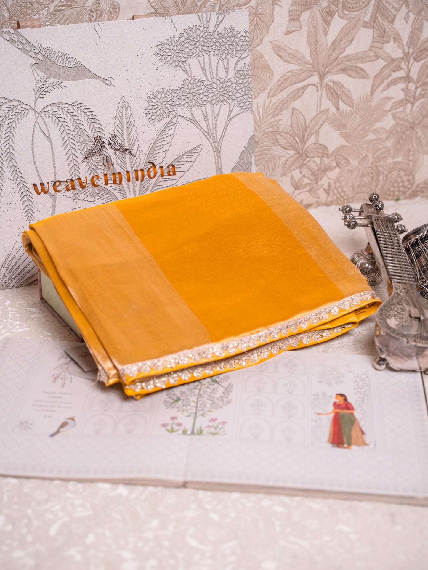 Mustard Silk Tissue saree with heavy gota embroidery