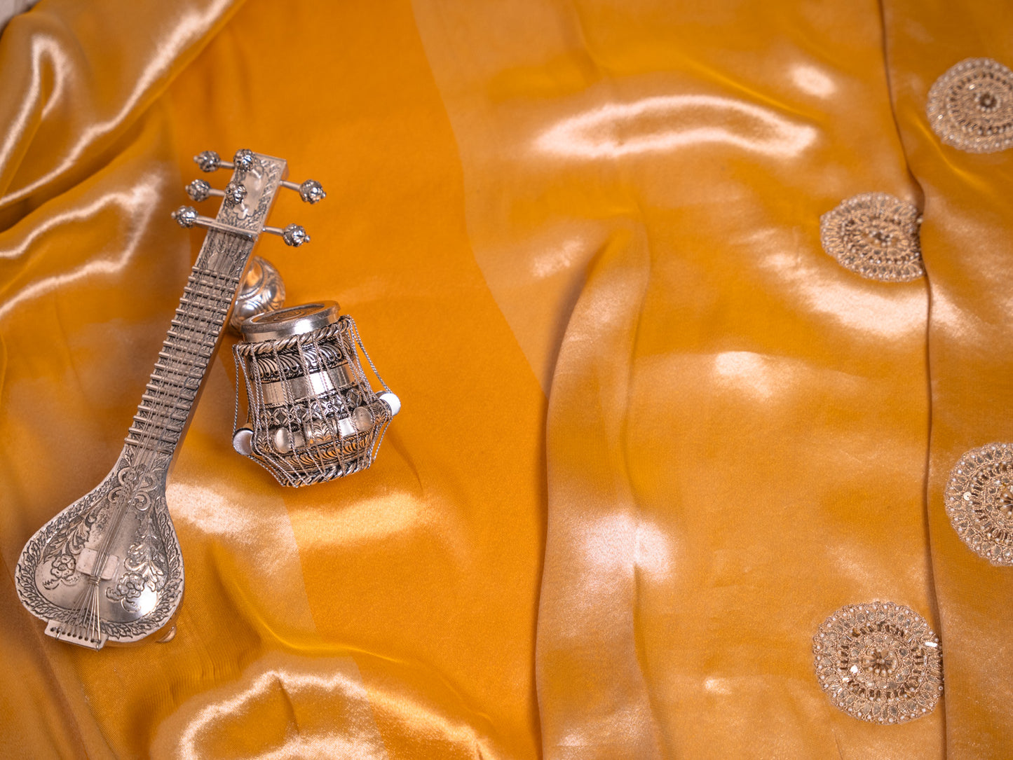 Mustard Silk Tissue saree with heavy gota embroidery