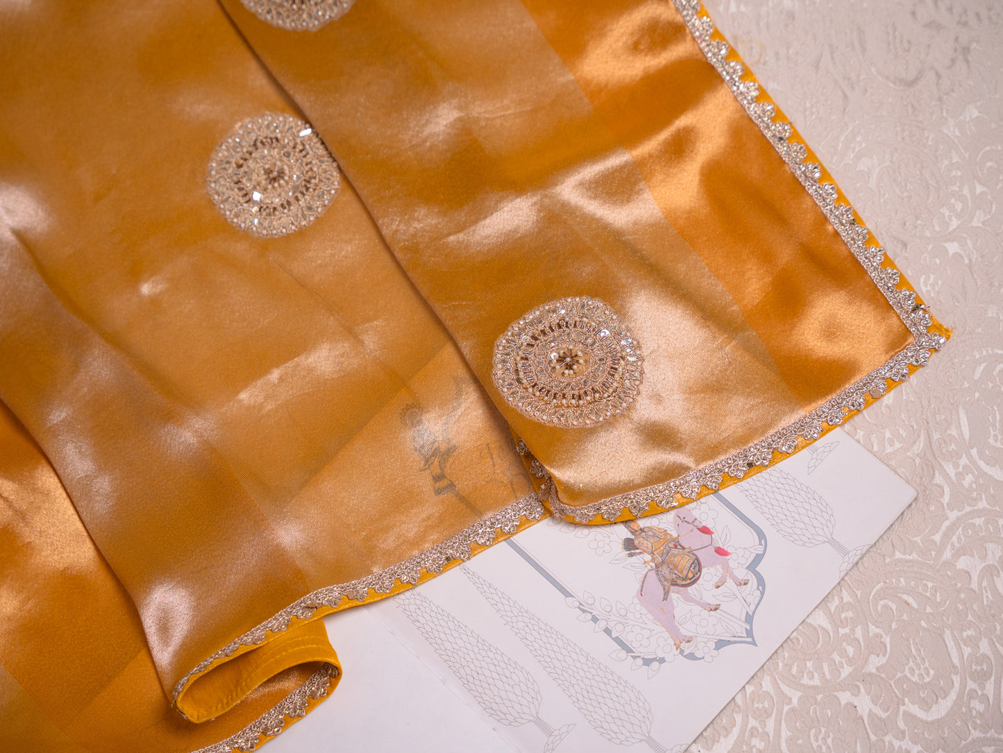 Mustard Silk Tissue saree with heavy gota embroidery