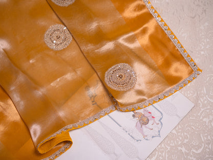 Mustard Silk Tissue saree with heavy gota embroidery