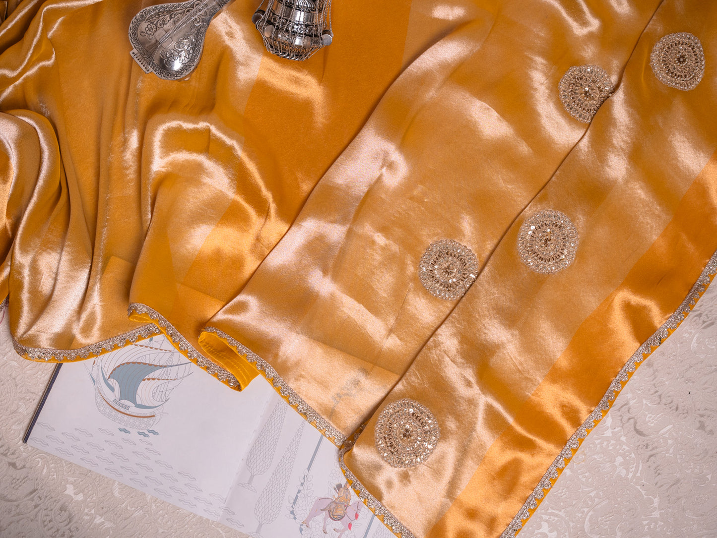 Mustard Silk Tissue saree with heavy gota embroidery