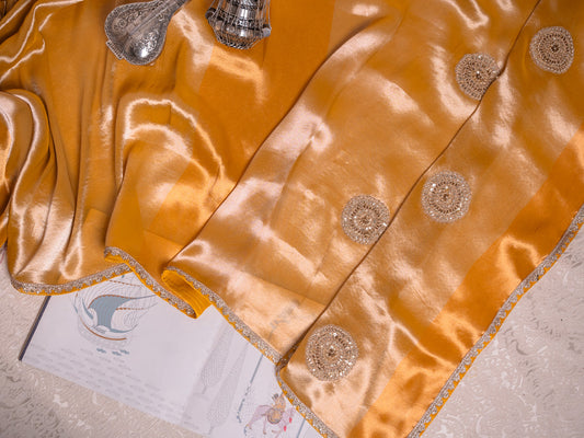 Mustard Silk Tissue saree with heavy gota embroidery