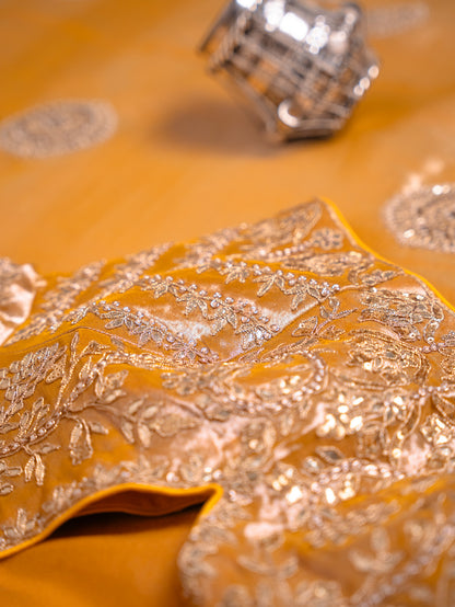 Mustard Silk Tissue saree with heavy gota embroidery