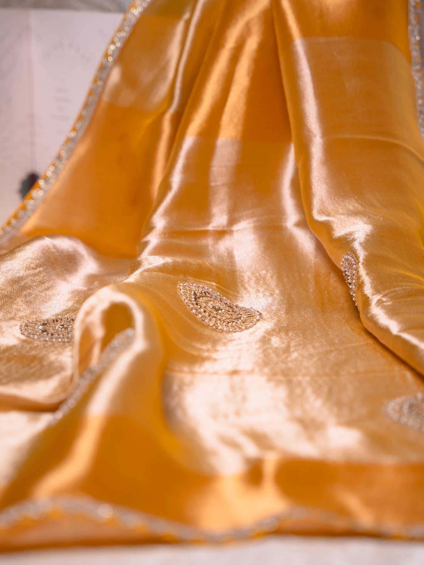 Mustard Silk Tissue saree with heavy gota embroidery