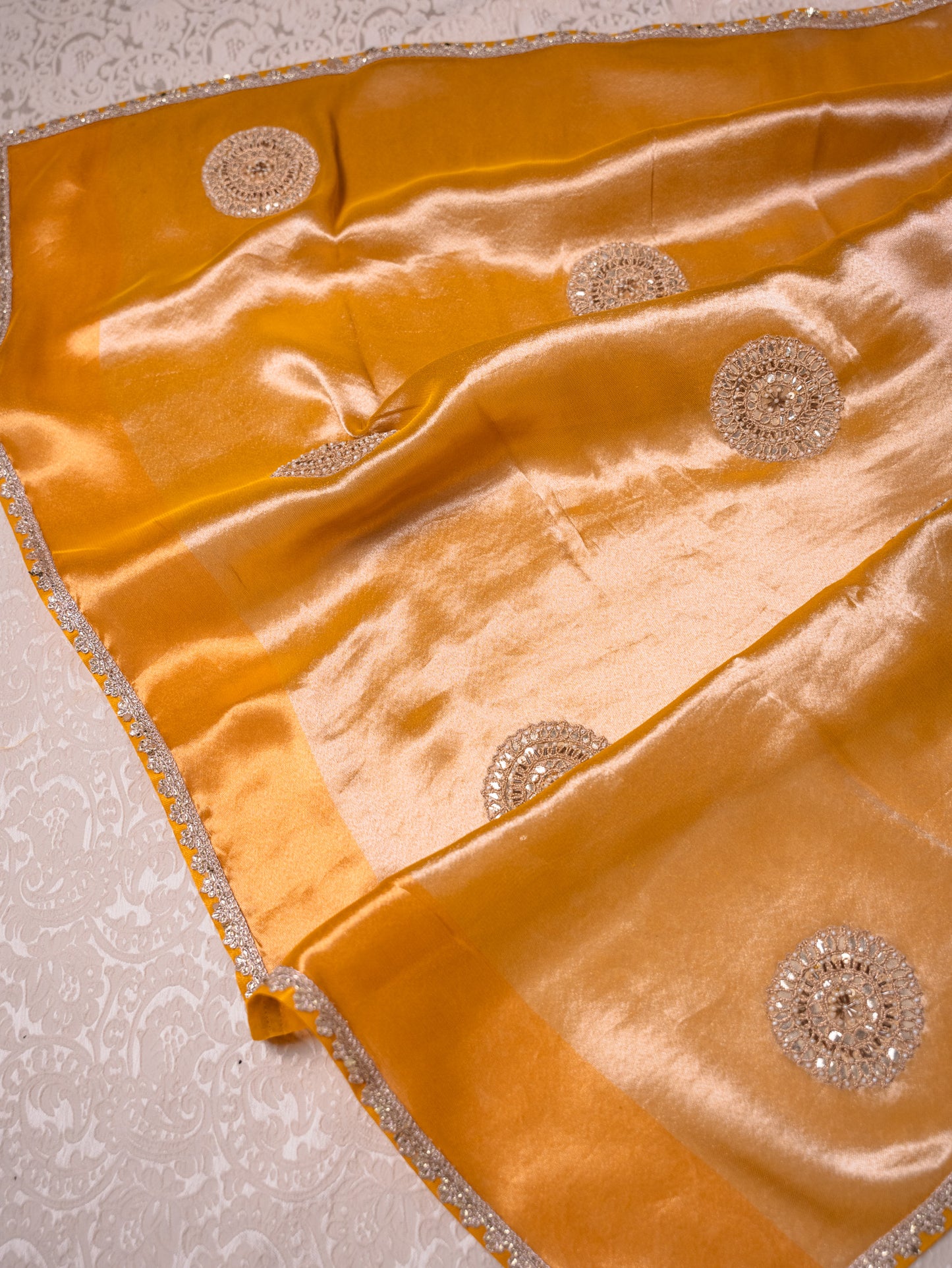 Mustard Silk Tissue saree with heavy gota embroidery
