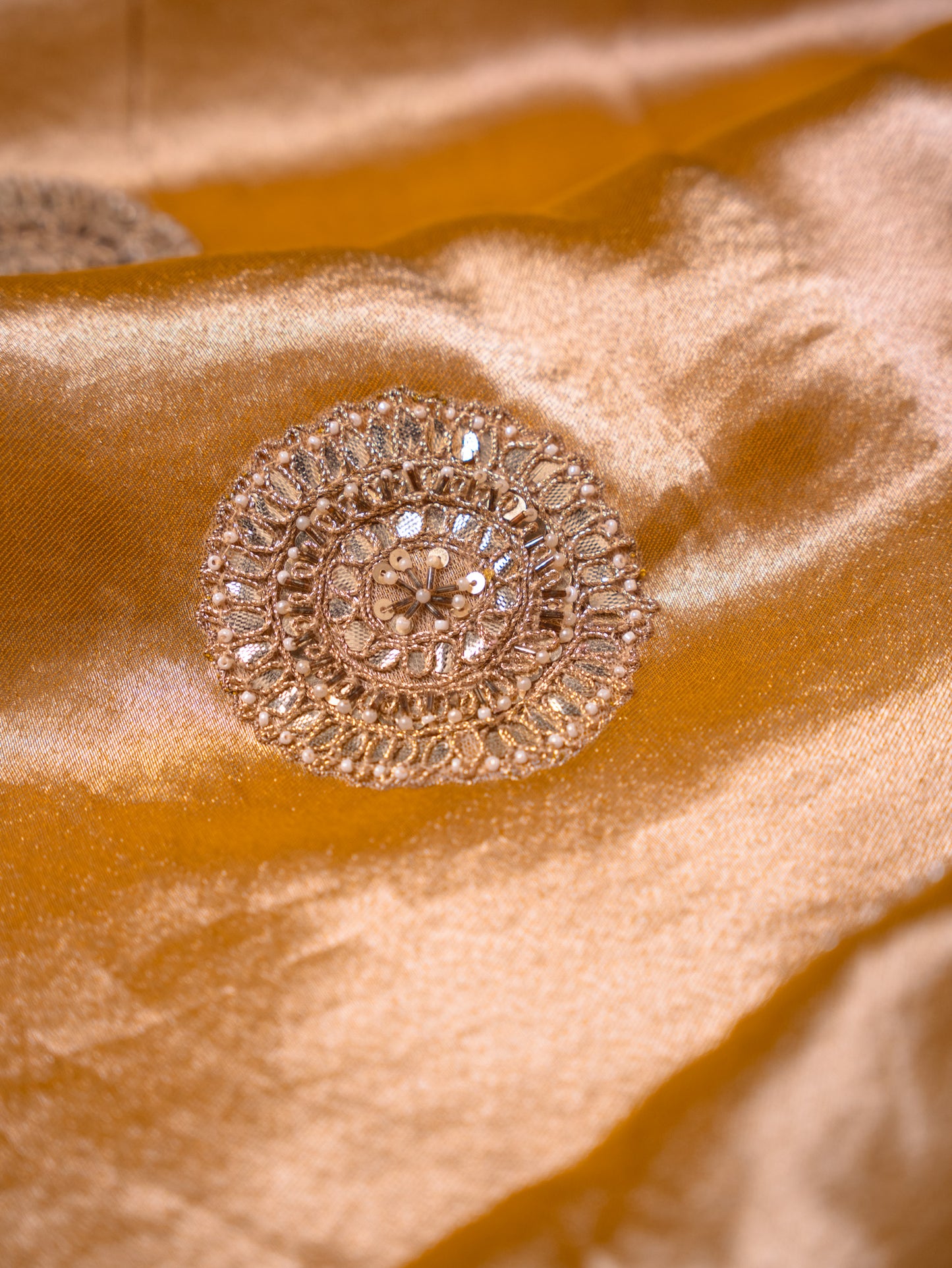 Mustard Silk Tissue saree with heavy gota embroidery