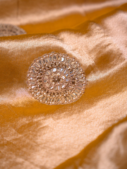 Mustard Silk Tissue saree with heavy gota embroidery