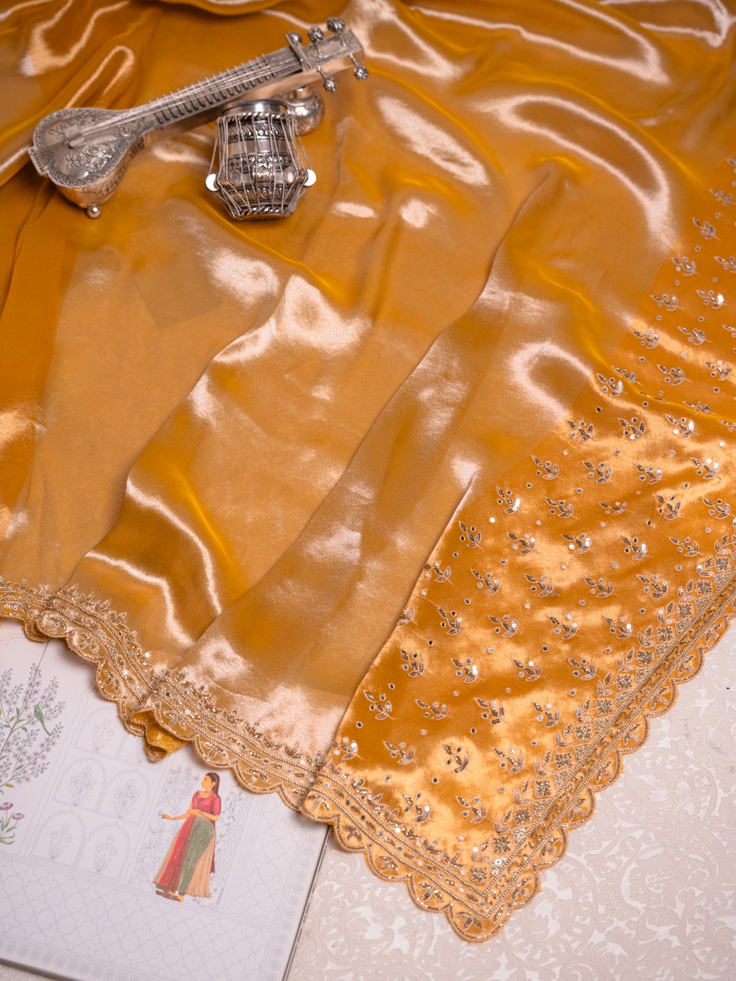 Honey Yellow Tissue Silk Saree with Gota Embroidery