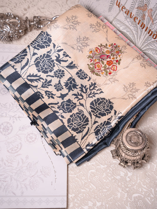Beige Silk Saree with Black Rose Embroidery
