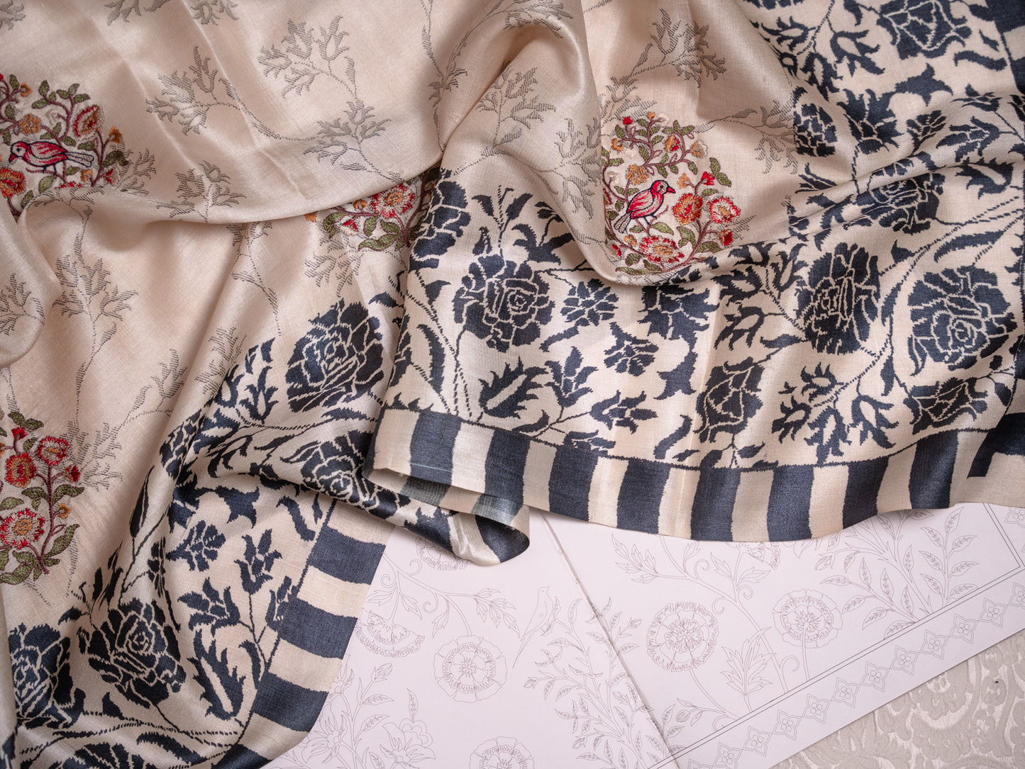 Beige Silk Saree with Black Rose Embroidery