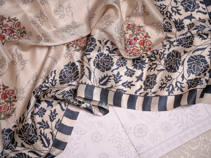 Beige Silk Saree with Black Rose Embroidery