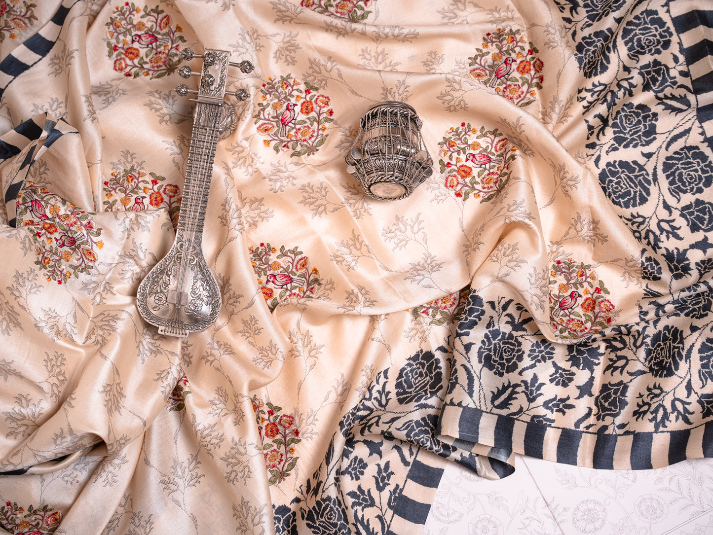 Beige Silk Saree with Black Rose Embroidery